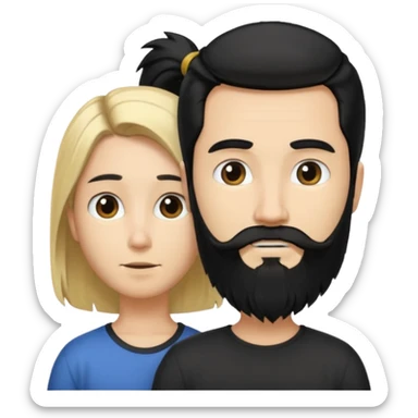 Man with long black hair tied in a tail and beard with a young blond short-haired without a beard sticker