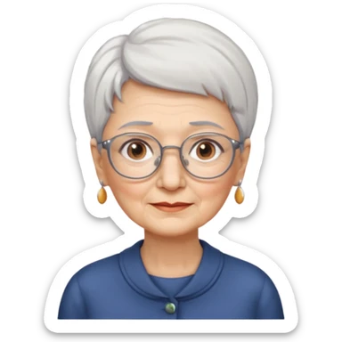 Create me emoji of an old lady. Short white hair to left side. Square glasses. Brown eyes. Rounded really big and long face. Wide nose sticker