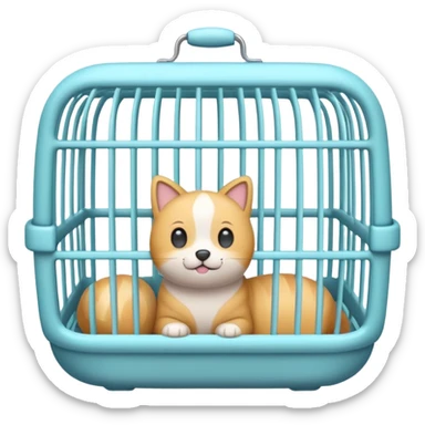 A cute emoji-style empty pet cage — cartoon look, rounded design, pastel colors, with vertical bars and a small handle on top. The cage is completely empty inside. No animals, no cats, no creatures — just the cage sticker