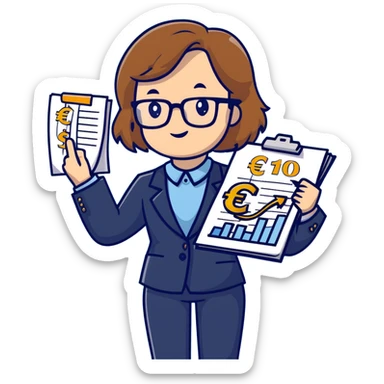 Professional economics channel mascot with shoulder-length wavy light brown hair, rectangular glasses, navy blazer, light blue shirt, holding clipboard with chart, pointing at dollar and euro symbols sticker
