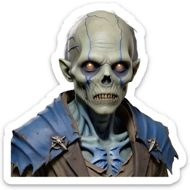 Cinematic Realistic WoW undead friendly zombie Portrait, depicted with decayed yet noble features, his weathered, pallid skin etched with ghostly blue veins and ancient scars. Clad in modest, tattered attire in muted browns and greys that remain consistently rugged, his hollow eyes burn with determined defiance. Rendered with lifelike texture and dramatic natural lighting, high shine, noble and resilient, capturing the stoic spirit of an undead veteran of Azeroth. sticker
