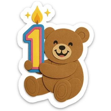 Make the bear look happy with a big smile, make the number '1' candle more colorful, and add 3 sparkles around the candle sticker