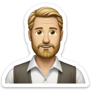 middle aged english man, short slicked back hair dark blonde, dark blonde medium length size full beard, in a smart unbuttoned shirt. sticker