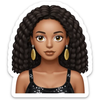 Solange with dark brown long hair, black sequin crop top, silver earring sticker