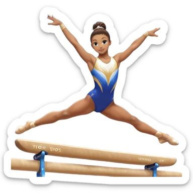 A gymnast performing a flawless routine on the balance beam, showcasing strength and grace. The scene captures the precise, elegant movement with perfect balance and form. The background features a gymnastics arena with vibrant lighting and cheering crowds, emphasizing athleticism and poise. sticker
