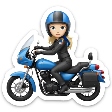 moça loira de cabelo comprido e olhos azuis com capacete em moto honda 150 preta em cima da moto sticker