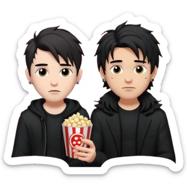 pale Goth boy with a bunch of face piercings, with shaggy dark brown hair, next to a tan skin gamer boy with long black hair , they are watching a movie in the theater together  sticker