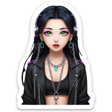  korean-techno-dj-girl,-wearing-a-stylish-edgy-outfit-with-metallic-chains,-long-black-hair,-performing-in-a-neon-lit-underground-club,-cyberpunk-aesthetic,-high-detail-3d-emoji-style,-energetic-and sticker