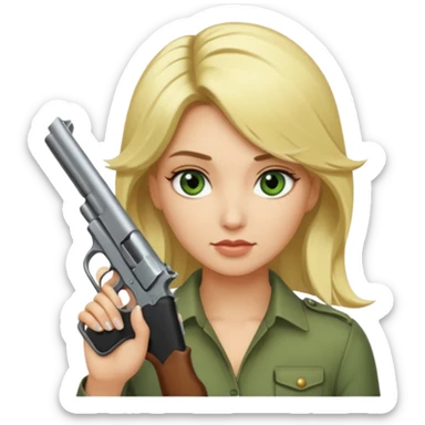 Emoji femme blonde cheveux blond, yeux vert avec de long cils noir qui porte un pistolet et à des cornes  sticker