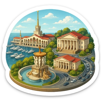 Изометричная, яркая, детализированная и фотореалистичная иллюстрация панорамы города Cочи на круглой подставке в стиле 3D-коллажей городов, здание Морского Порта, Зимний театр, Санаторий имени С. Орджоникидзе, море, причал, яхты чёткие линии, слегка мультяшная стилистика, прозрачный фон, не обрезать края картинки sticker