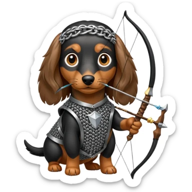 black and tan long haired dachshund wearing chainmail with bow and arrow  sticker