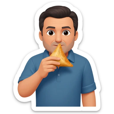 Handsome dark haired man in mid 40s eating a samosa sticker