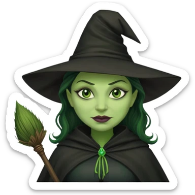 elphaba wicked witch with broom close up, evil dark coily long  hair, green skin, thick green lips, cheekbones, smirk evil menacing cythia erivo dark aesthetic black hat cloak  sticker