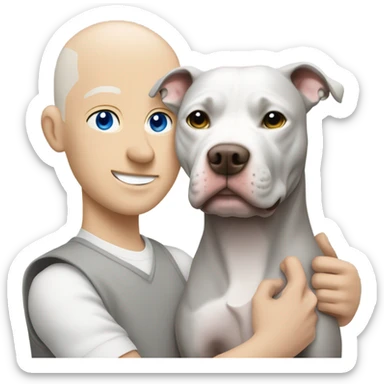 white bald man with blue eyes hugging grey no white pit bull sticker