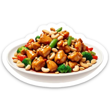 Cinematic Realistic Kung Pao Chicken Dish Emoji, showcasing spicy, stir‚Äêfried chicken with peanuts and vegetables rendered with dynamic textures and vibrant lighting. sticker