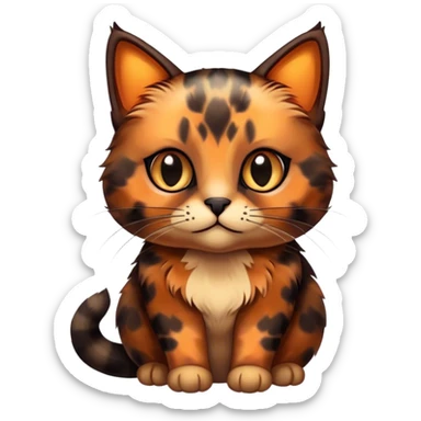 Cinematic Cute Tortoiseshell Cat Portrait Emoji, Head cocked sweetly with bright, curious eyes and a cuddly, mottled fur of rich browns and blacks, simplified yet charmingly adorable, highly detailed, glowing with a warm, gentle radiance, high shine, playful and endearing, styled with a dash of whimsical feline magic, soft glowing outline, capturing the essence of a cute tortoiseshell cat that seems ready to pounce with affectionate mischief! sticker