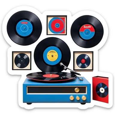 Icon for Vinyl Record Collecting: large black? red and blue vinyl records in decorative packaging featuring artist images, neatly arranged on a wall or shelf, vinyl record player. The icon should reflect the aesthetic and artistic aspect of collecting vinyl records. Transparent background. sticker