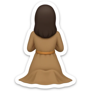 Edit the image to show a woman kneeling and praying from the back view, wearing a long tan dress and having dark brown hair. The style should resemble emoji style. Remove the background completely. sticker