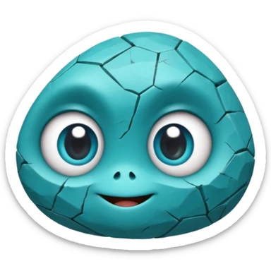 One small turquoise rock creature, rounded but still clearly a rock with cracks and facets, subtle shine, big expressive eyes and a shy smile, sticker