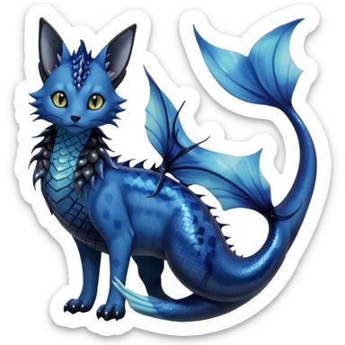 Epic complex abyssal fantasy divine glorious detailed dark dusky gloomy deep gothic gloomy cobalt-blue-abyss-blue-black-greyish, realistic Fakémon-Sprigatito-Floragato-Meowscarada-Vaporeon-Salandit-Trico-Sergal-Serval-Vernid-creature (full body) with mermaid-ears, tail fin, shiny sparkly, abyssal sticker