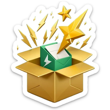 3D minimal open box with small floating icons coming out (envelope, lightning bolt, star), soft matte finish, deep green (#0B3D2C) box, gold (#C9B037) floating icons, Apple style, ultra clean and sleek, very soft ambient shadow, transparent background sticker
