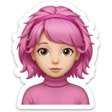 brown fluffy haired girl with pink turtleneck sweater and pink hair band sticker