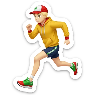 A yellow-skinned person running with a navy ballcap, red hoodie, white shorts, and green shoes sticker