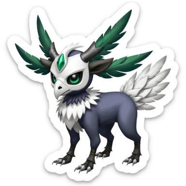 Shiny Black Grey White and Dark-Green Trico-Skarmory-Silvally-Skiddo-Sprigatito-Absol-fusion (full body) with and edgy white horned skull mask face sticker