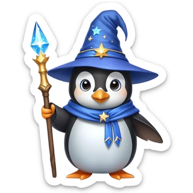 A cute penguin dressed as a wizard with a pointed blue hat with stars, holding a magical wand sticker