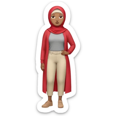 Heavy-set woman with medium-brown skin wearing a light red hijab, cream top, light red pants, tan shoes, and a grey prosthetic leg. Standing confidently with one hand on her hip sticker