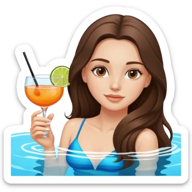  beautiful pale brunette girl with long hair relaxing in the pool with a cocktail  sticker