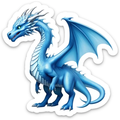 Cinematic Noble very elegant Ice Dragon full body  Emoji, Poised and imposing, distinct long elegant snout, with a slender, scaled body shimmering in glacial hues of icy blue, frostbitten silver, and crystalline white, breathing out frost, with piercing, glowing ice blue white eyes that radiate the chilling depths of an arctic storm; rendered in detail. excuding wisdom sticker