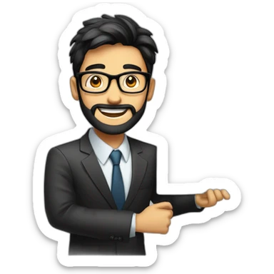 a boy with specs in business suit black hairs with lite beard and looking excited with a board written on it Nyatrend.in sticker