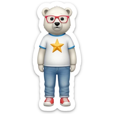 friendly anthropomorphised polar bear standing upright, looking chilled and unbothered, wearing a shirt, jeans, trainers, oversized colorful star glasses sticker