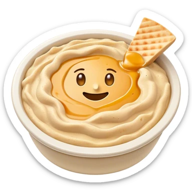 Cinematic Realistic Hummus Dish Emoji, depicted as a creamy chickpea dip drizzled with olive oil rendered with rich textures and warm, inviting lighting. sticker