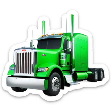 neon green peterbilt semi truck lowered on the ground with large chrome wheels and chrome smoke stacks sticker