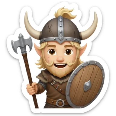 A young Viking warrior with messy blond hair, wooden shield, and fierce excited grin with horned helmet sticker