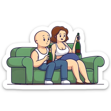 A bald man sitting on a couch. One Caucasian woman with brown hair, big boobs, wearing pants and a tank top, kneeling on the ground. Champagne bottle exploded. sticker