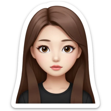 “korean straight long brown hair Emoji girl, soft eyeliner and blush, gradient lips, light brown shimmer eyeshadow sticker