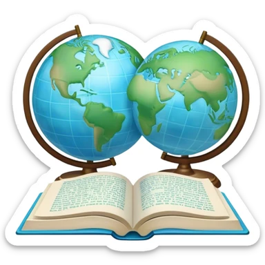 Create an emoji representing language translation. The design should feature just one globe in the background, symbolizing international communication. In front of the globe, place two opened books with texts on them and a pen nearby to indicate the act of writing. Use a clean and professional color palette with blues, greens, and neutral tones. Make the background transparent. sticker