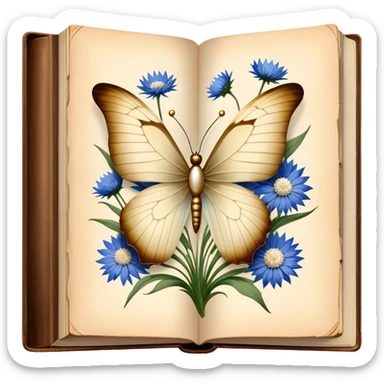 A vintage book with a worn beige cover, open to reveal pressed white cornflowers and a resting perl butterfly. sticker