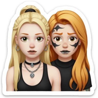 girl with long blonde hair, black tattoos and a septum piercing next to an athletic ginger girl and a septum piercing sticker