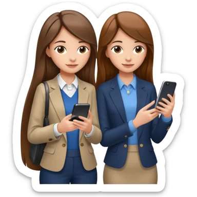 two brown haired girls, looking professional maybe leaned on each others back and looking forward and using phones, with long hair and one girl can hold lap top another one can hold the phone, professional clothes, more stylish sticker