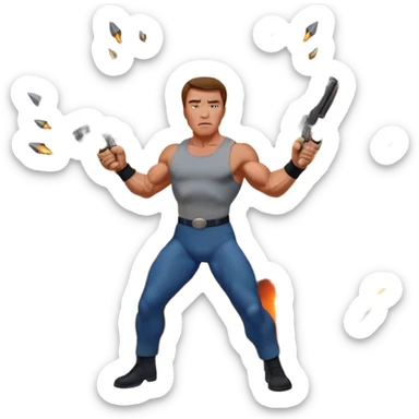 Icon for Action Movies: Arnold Schwarzenegger in the lead role, in an intense action pose with weapons, explosions, and dramatic background. The design should evoke the classic action movie feel with muscle-bound heroes and high-energy sequences. Transparent background. sticker