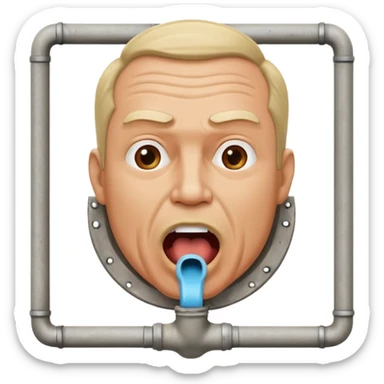 50 year old white male with an open mouth. No moustache—over his mouth is a square frame made of concrete connected to a drain pipe. He is proud and thinks his right, while being slightly angry because the joke is on him. sticker