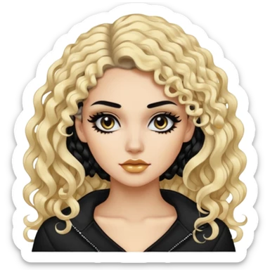 split dye leftside blonde rightside black hair, baddie, pretty makeup, black eyeliner, long and curly hair sticker