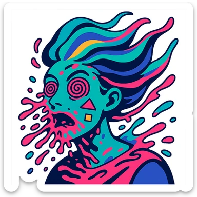 surreal portrait, neon turquoise and electric pink skin, face melting into swirling paint particles, hair as liquid aurora, spiral eyes, geometric shapes on face, dynamic movement sticker