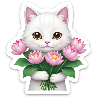 White cat holding a bouquet of lotus flowers sticker