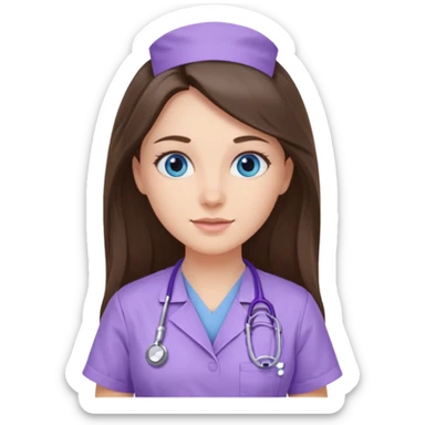 pretty brunette nurse with long hair and blue eyes in lilac scrubs sticker