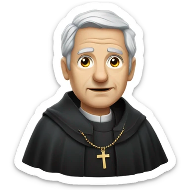 "An older man with grey hair, a weathered face, and a solemn expression. He wears a black robe with a clerical collar and holds a Bible or rosary, standing in a modest church." sticker